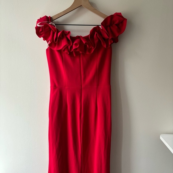 Xscape Long Crepe Over-the-Shoulder Ruffle Gown Sz 8 - Picture 5 of 9